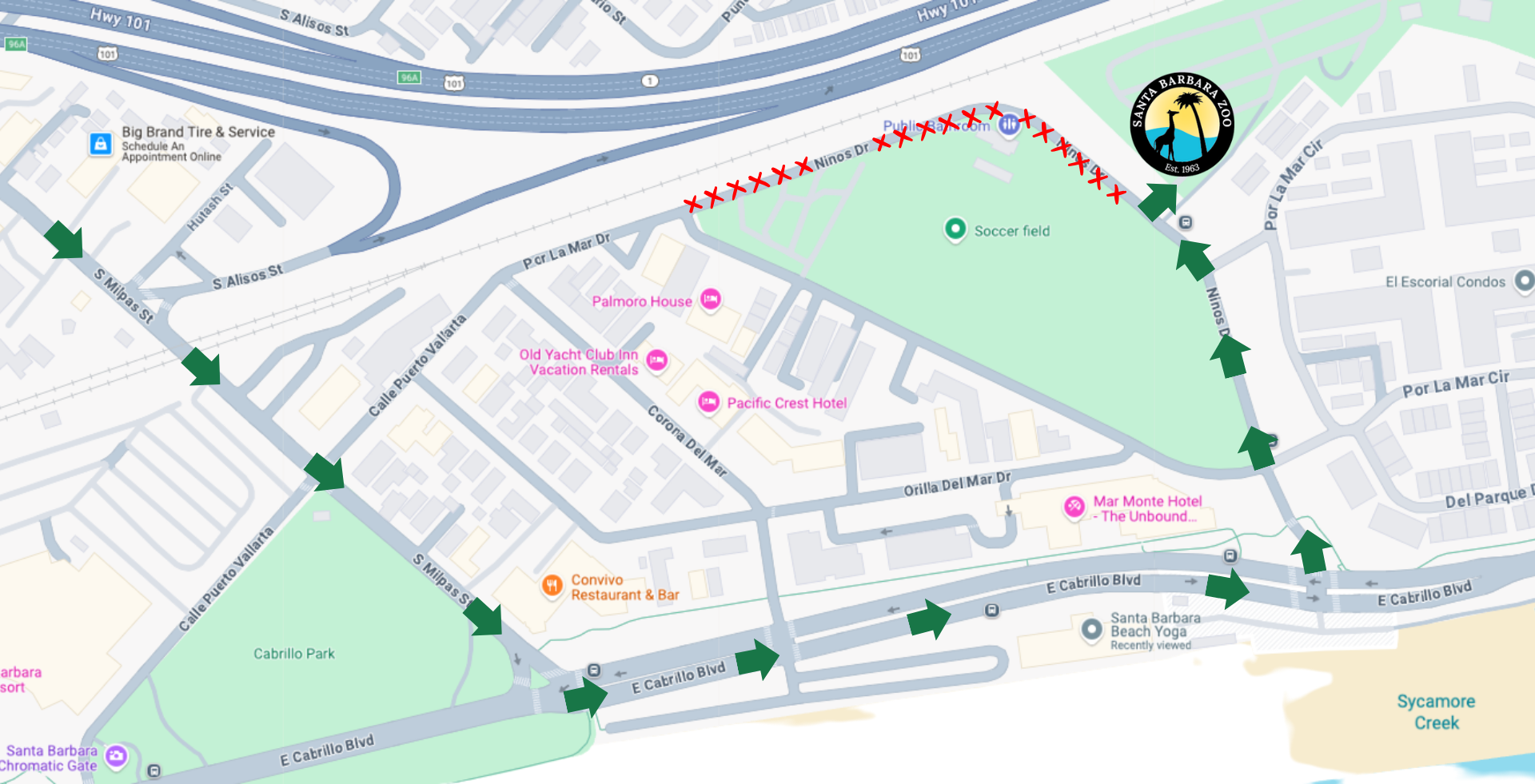 map of the suggested southbound route to the Zoo from Highway 101